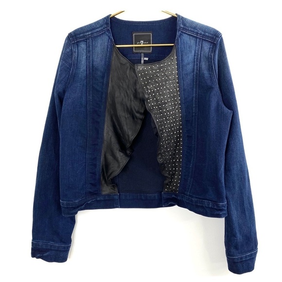 7 for All Mankind Studded Leather Open Front Denim Jacket Blue & Black Size L - Picture 2 of 8